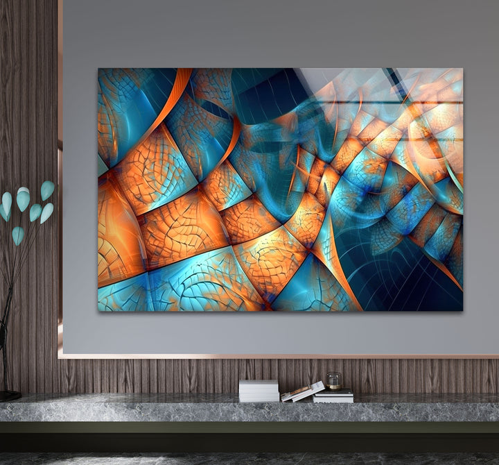 Fraktale Wellen-Glaswandkunst – Blaues und oranges abstraktes Flussdesign für moderne Räume 