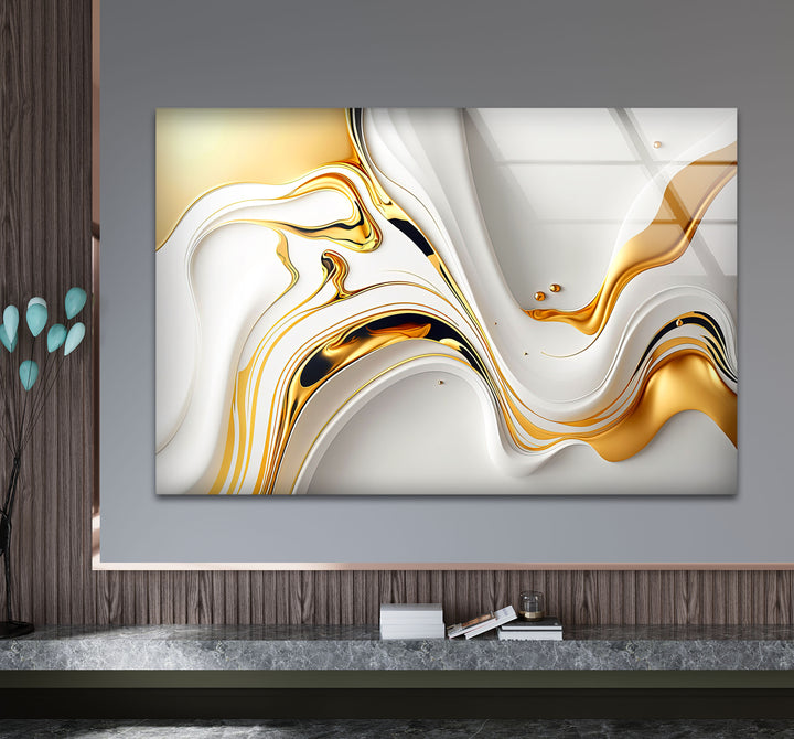 White Gold Fluid Wall Art – Modern Abstract Glass Print for Interior Elegance