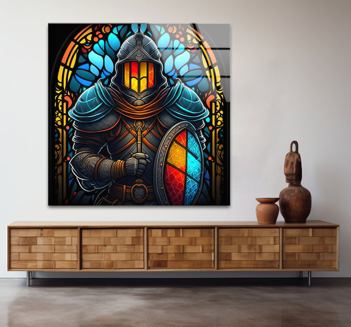 Stained Glass Knight Wall Art – Medieval Warrior Fantasy Decor