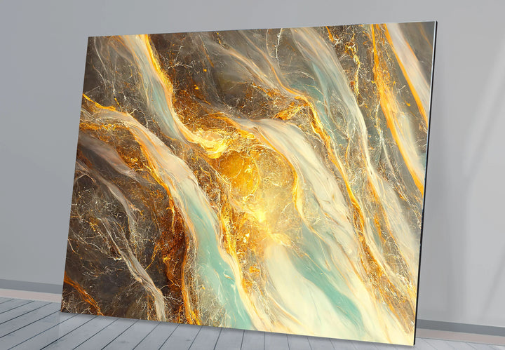 Gold Teal Marble Wall Art – Abstract Glass Print with Fiery Metallic Flow for Modern Elegant Interiors - MyPhotoStation