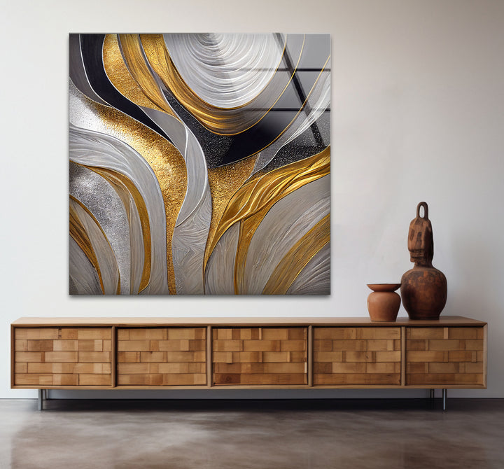 Silver Gold Wave Wall Art – Luxury Abstract Fluid Glass Print Décor