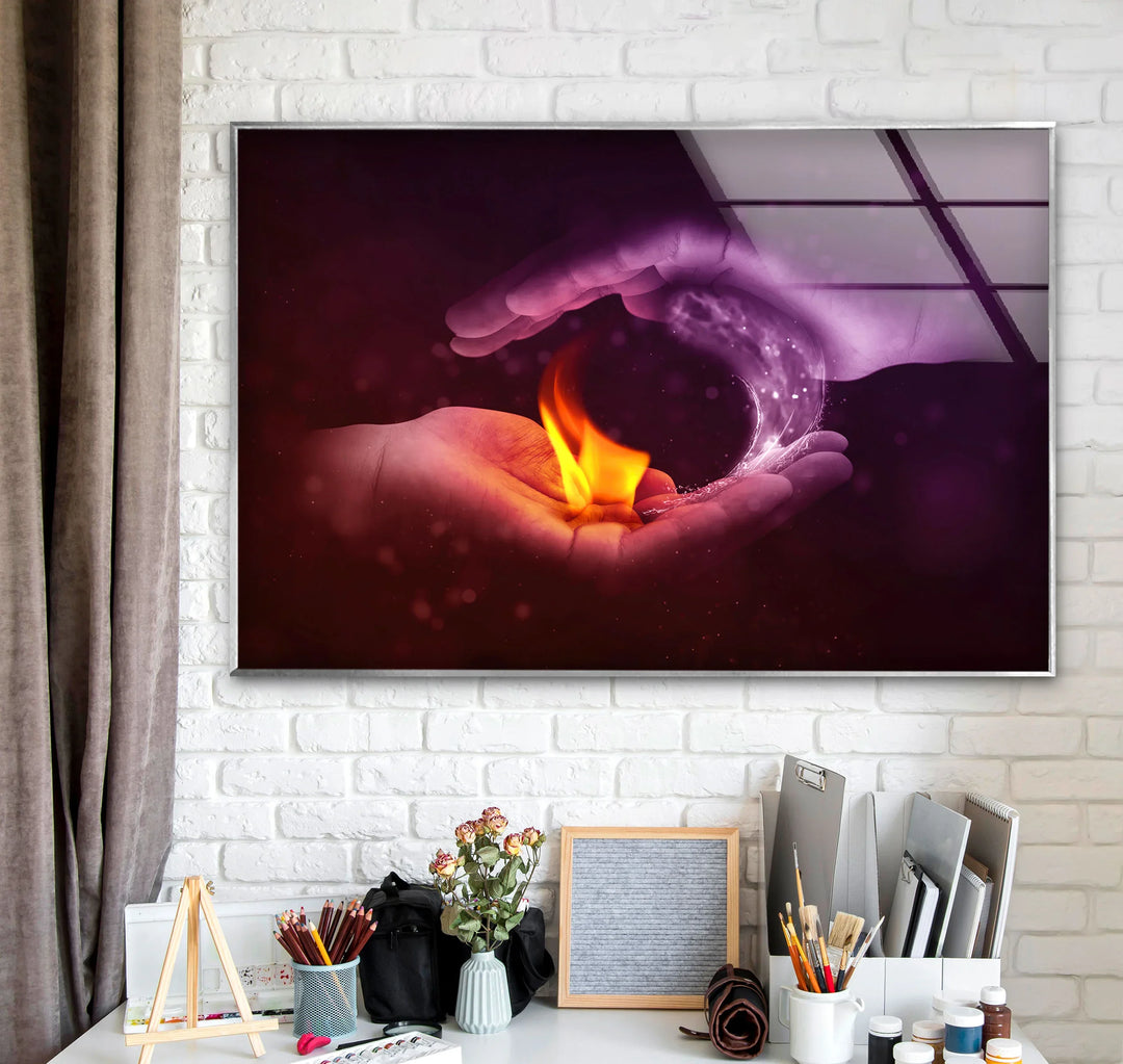Fire and Water Yin Yang Wall Art – Duality Hands Glass Print for Modern Decor - MyPhotoStation
