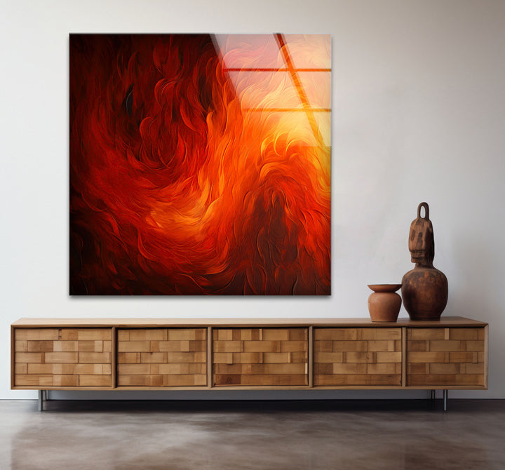 Fiery Abstract Glass Wall Art – Vibrant Red & Orange Flame Energy