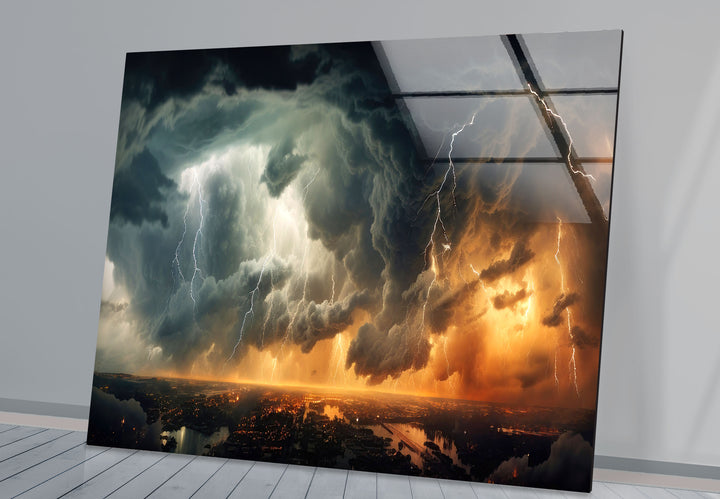 Dramatic Thunderstorm Cityscape Wall Art – Lightning Sky Glass Print