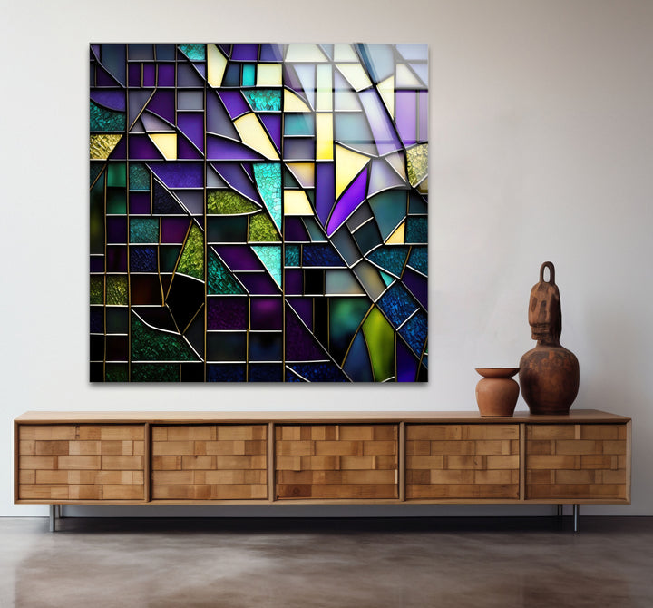 Modern Abstract Stained Glass Wall Art – Purple & Gold Geometric Decor