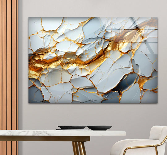 A stunning abstract glass wall art piece featuring white marble with prominent golden veins, creating a luxurious decorative wall art effect.