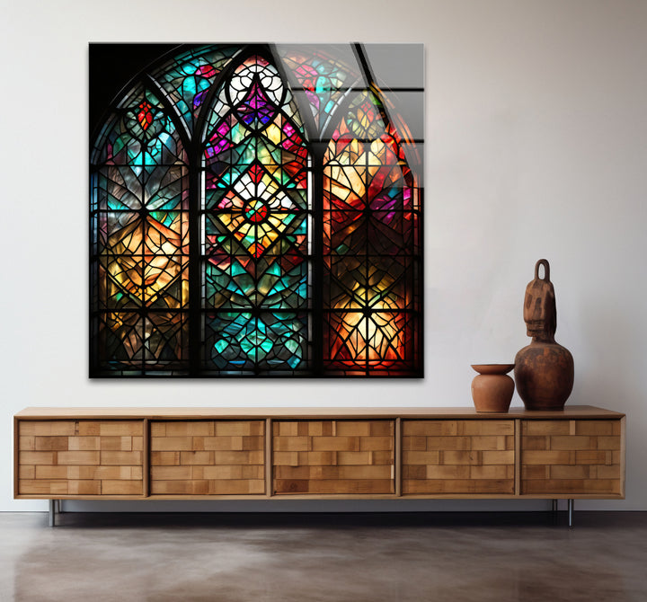 Gothic Cathedral Stained Glass Wall Art – Colorful Sacred Window Panel Decor