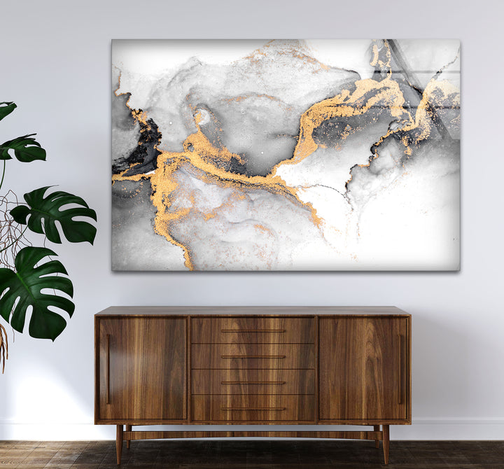Black White and Gold Abstract Wall Art – Minimalist Glass Print for Modern Decor