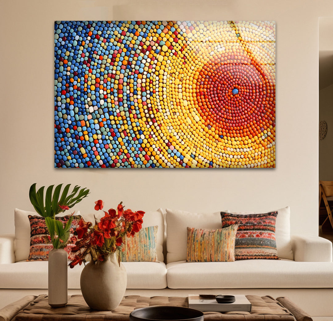 Sunburst Dot Mosaik-Glaswandkunst – Lebendiges buntes Kreismuster