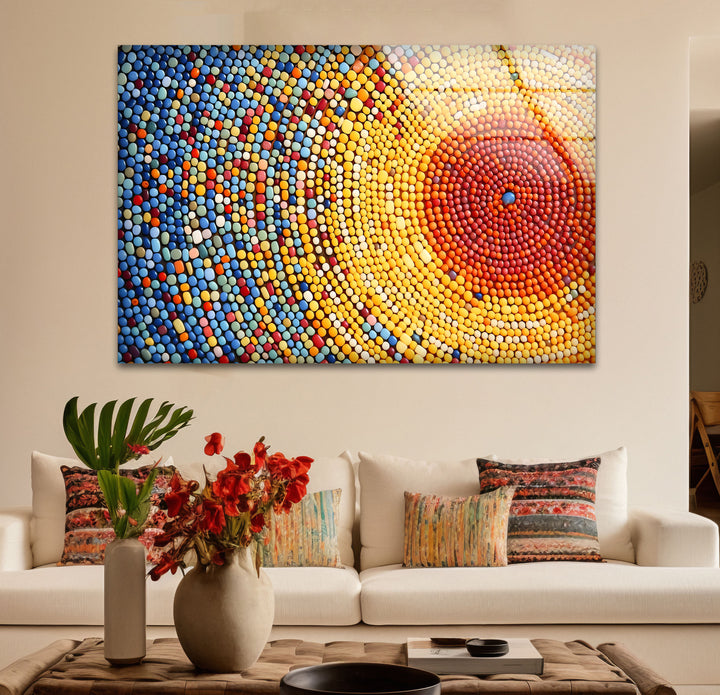 Sunburst Dot Mosaik-Glaswandkunst – Lebendiges buntes Kreismuster