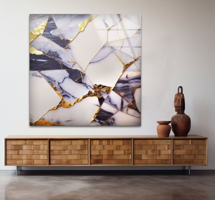 Geometric Marble Wall Art – Lux Gold Vein & Navy Cracked Stone Print for Modern Decor
