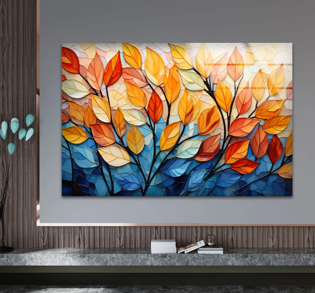 Stained Glass Autumn Leaves Wall Art – Tempered Glass Foliage Print - MyPhotoStation