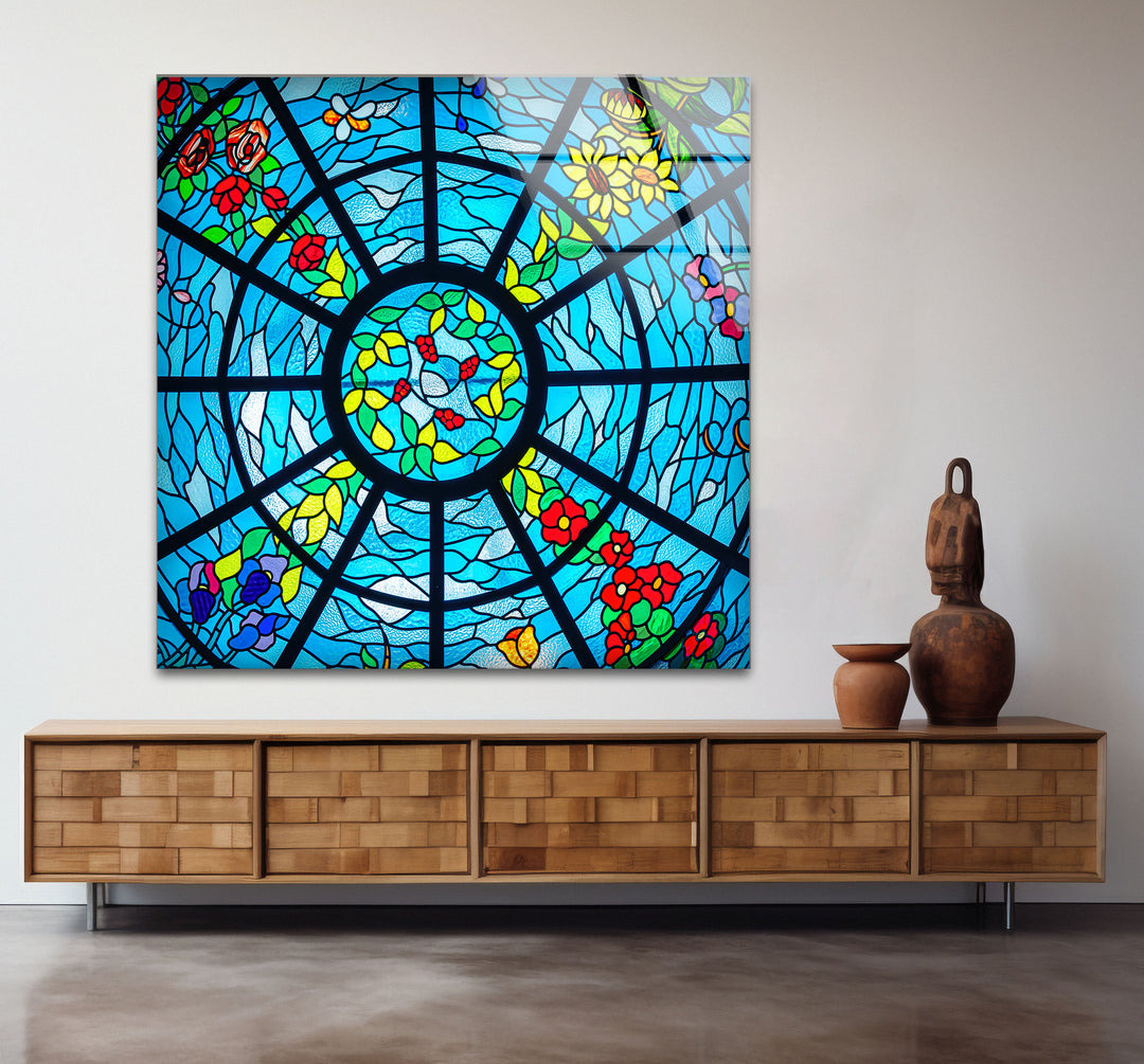 Blue Stained Glass Wall Art – Vibrant Floral & Ocean Window Design for Home & Office
