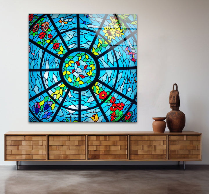 Blue Stained Glass Wall Art – Vibrant Floral & Ocean Window Design for Home & Office