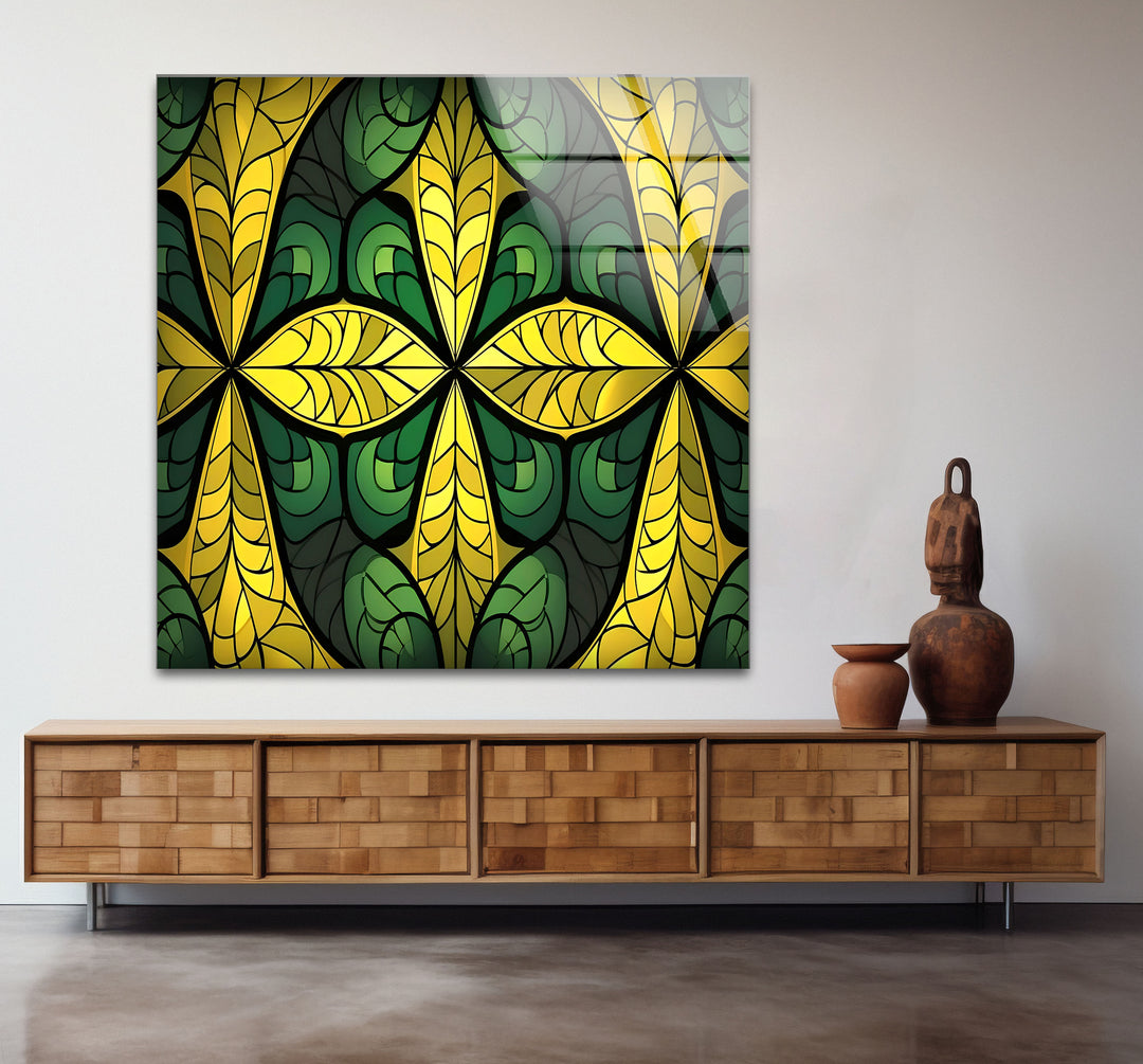 Green & Gold Stained Glass Wall Art – Botanical Geometric Glass Design