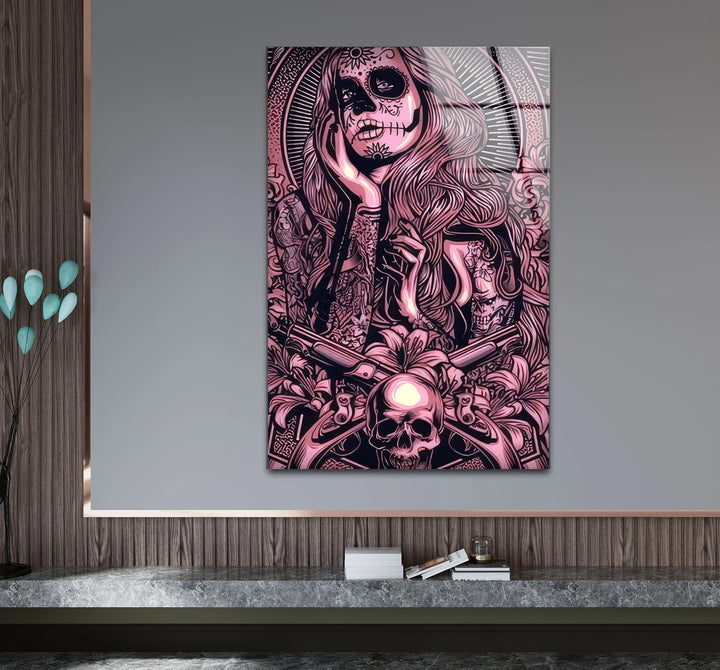 Day of the Dead Gothic Wall Art – Pink Skull Girl with Guns Tattoo Design - MyPhotoStation