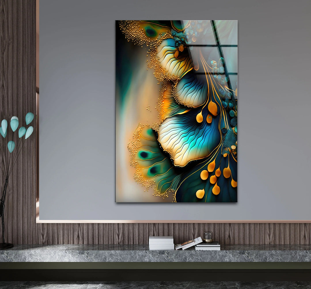 Teal Gold Abstract Floral Glass Wall Art – Elegant Botanical Flow Design - MyPhotoStation