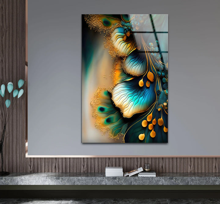 Teal Gold Abstract Floral Glass Wall Art – Elegant Botanical Flow Design - MyPhotoStation