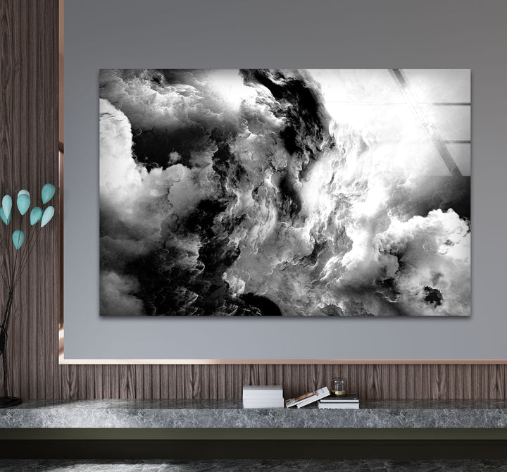 Monochrome Storm Wall Art – Black and White Cloud Glass Print Decor