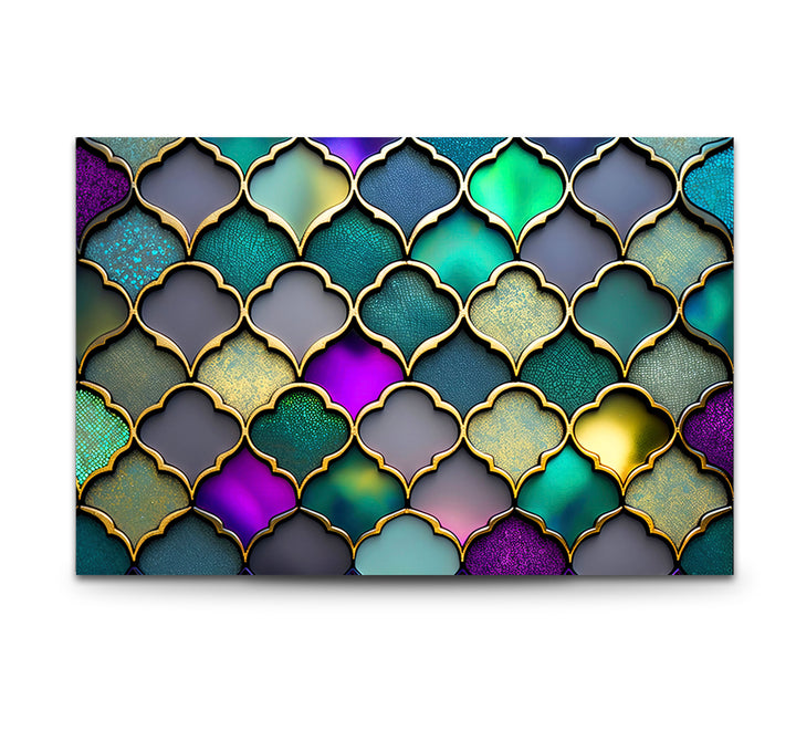 Moroccan Geometric Stained Glass Wall Art – Luxurious Gold & Teal Decor