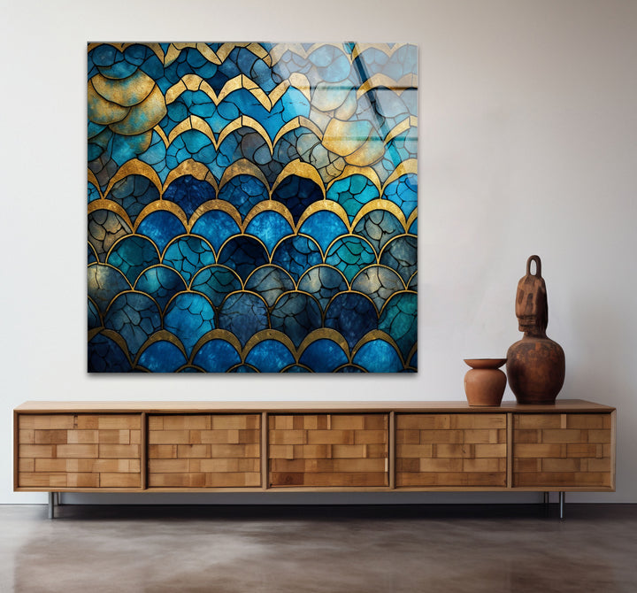 Blau-goldene Wellenmosaik-Glaskunst – Vom Meer inspirierte, rissige Textur 