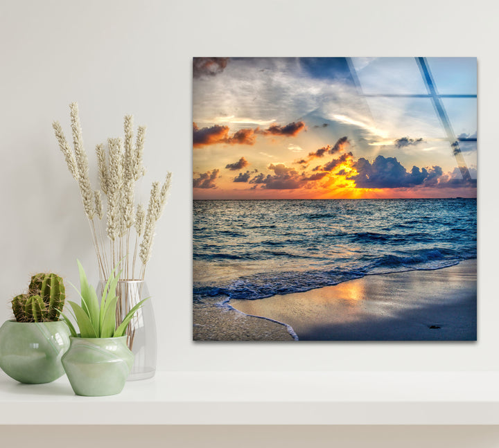 Tropical Ocean Sunset Wall Art – Serene Beach Glass Print for Tranquil and Coastal Interiors