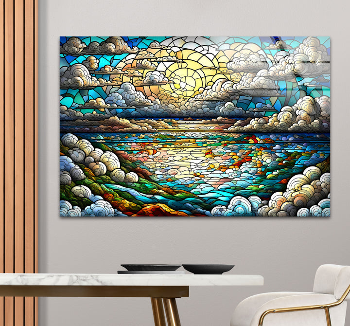 Serene Ocean Sunset Stained Glass Wall Art – Coastal Landscape Window Design
