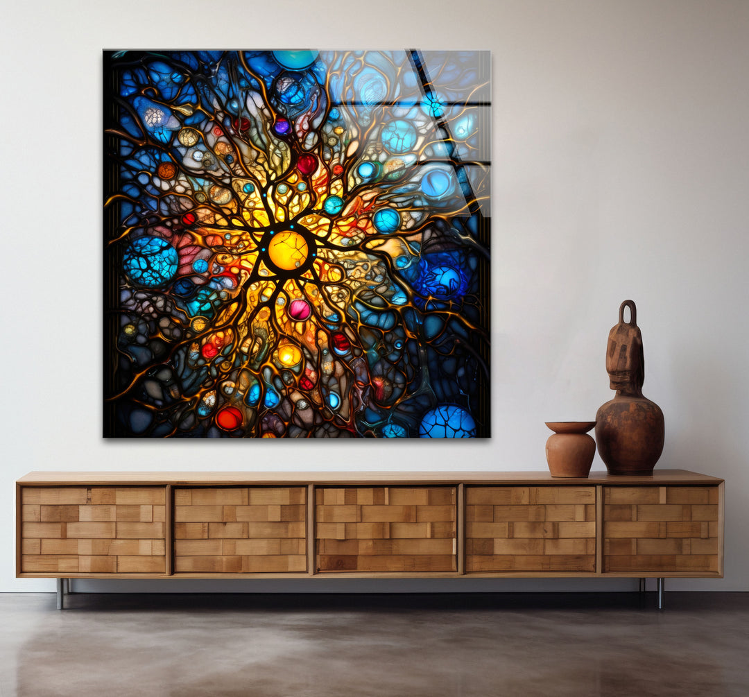 Celestial Stained Glass Wall Art – Cosmic Sunburst Galaxy Design