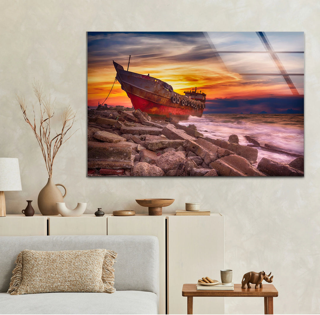 Abandoned Ship Wall Art – Sunset Seascape Glass Print for Nautical Decor - MyPhotoStation