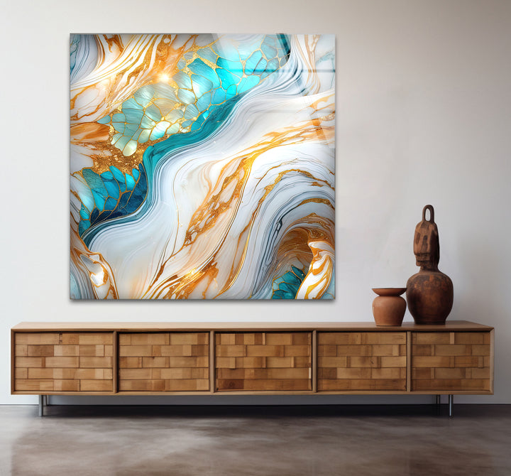 Luxuriöse Wandkunst aus goldenem und türkisfarbenem Marmor – Abstraktes, fließendes Design für moderne Innenräume