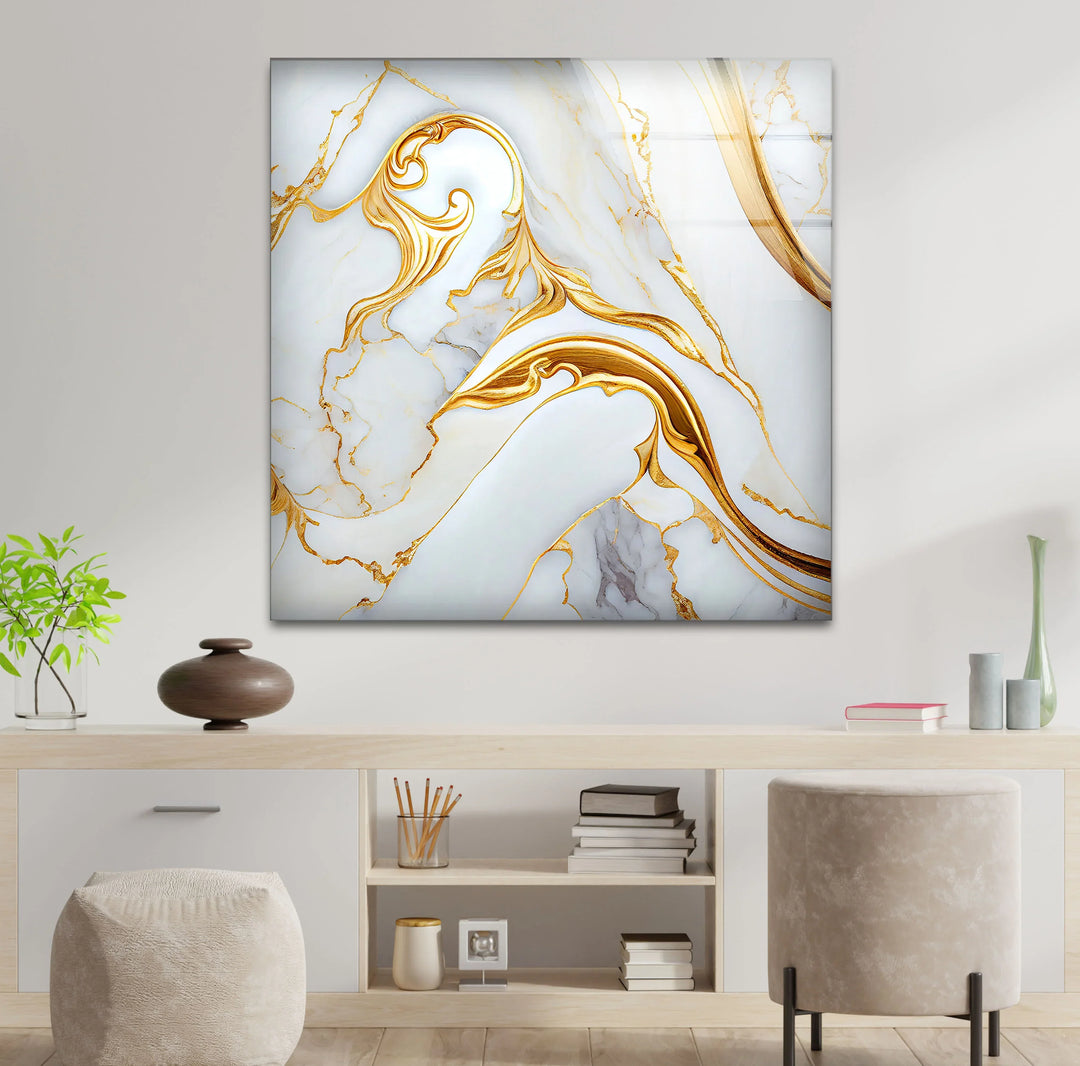 Luxury White Marble Wall Art with Gold Swirl – Elegant Glass Print for Modern Interiors - MyPhotoStation