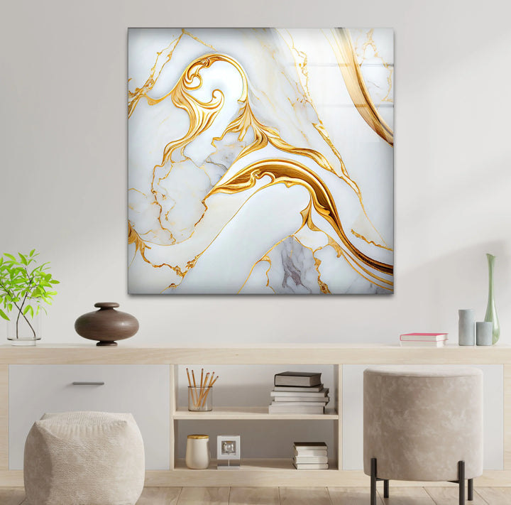 Luxury White Marble Wall Art with Gold Swirl – Elegant Glass Print for Modern Interiors - MyPhotoStation