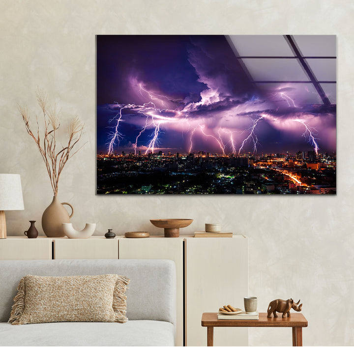 Purple Lightning Storm Over Cityscape – Dramatic Night Sky Glass Wall Art