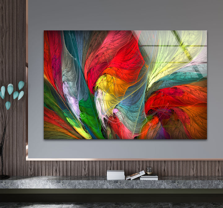 Colorful Feather Burst Wall Art – Abstract Rainbow Glass Print Decor