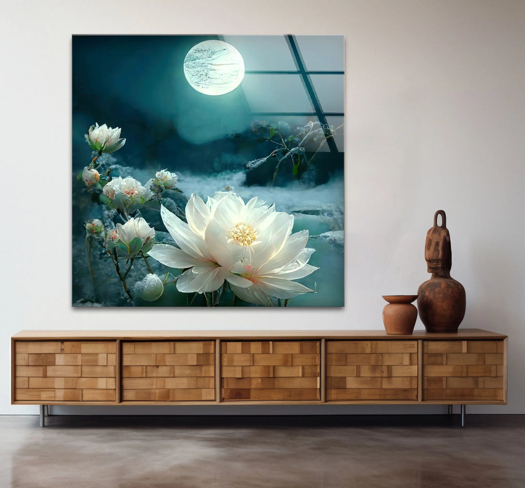 Moonlit White Lotus Glass Wall Art – Tranquil Floral Design with Ethereal Night Glow - MyPhotoStation