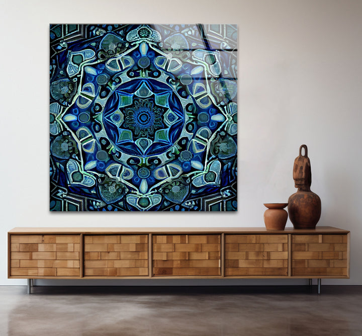 Blue Mandala Glass Wall Art – Intricate Geometric Design, Modern Home & Office Decor