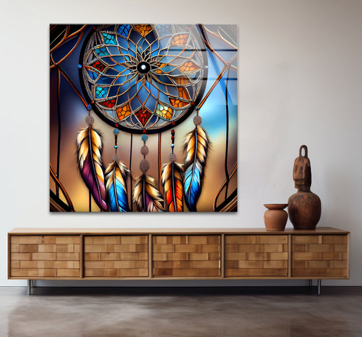 Dreamcatcher Stained Glass Wall Art – Boho Spirit Window Design, Tribal Home Decor