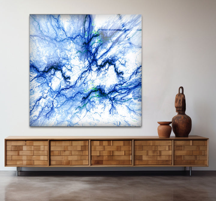 Electric Blue Vein Wall Art – Abstract Lightning-Inspired Glass Print