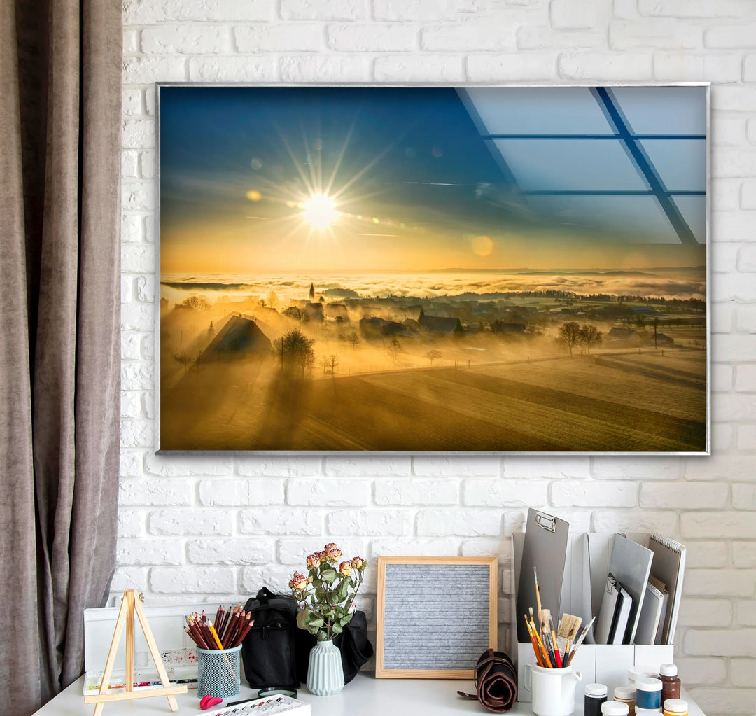 Golden Sunrise Over Foggy Countryside – Serene Morning Landscape Glass Wall Art - MyPhotoStation
