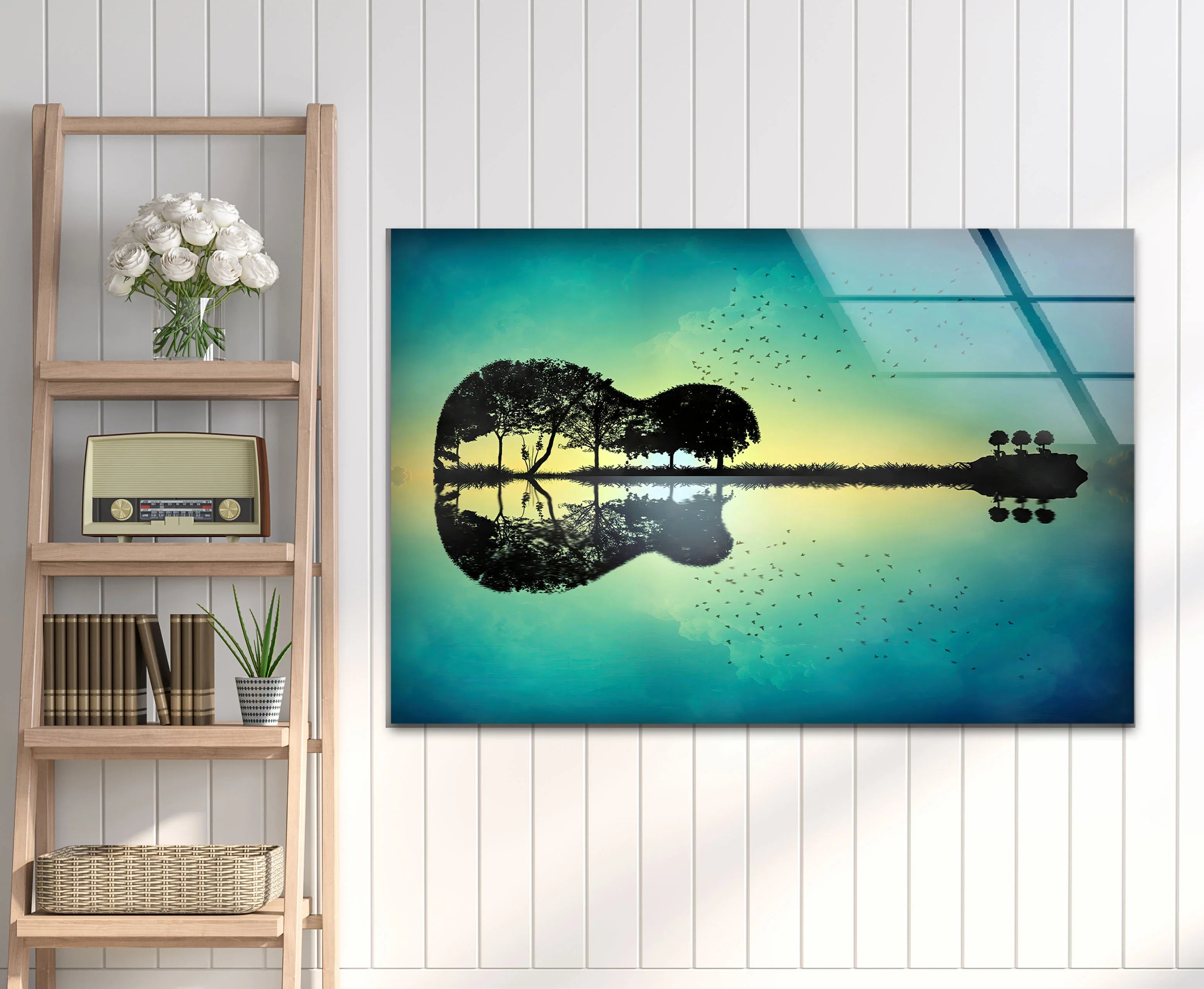 Guitar Island Nature Wall Art – Surreal Landscape Glass Print