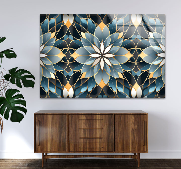 Elegant Lotus Mandala Glass Wall Art – Blue Gold Sacred Geometry Pattern