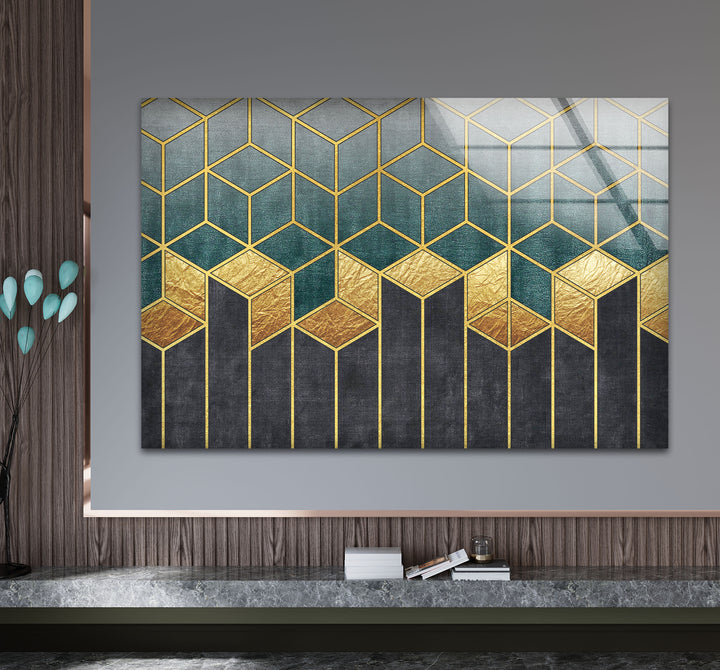 Gold Teal Geometric Wall Art – Luxury Patterned Glass Print for Modern Decor
