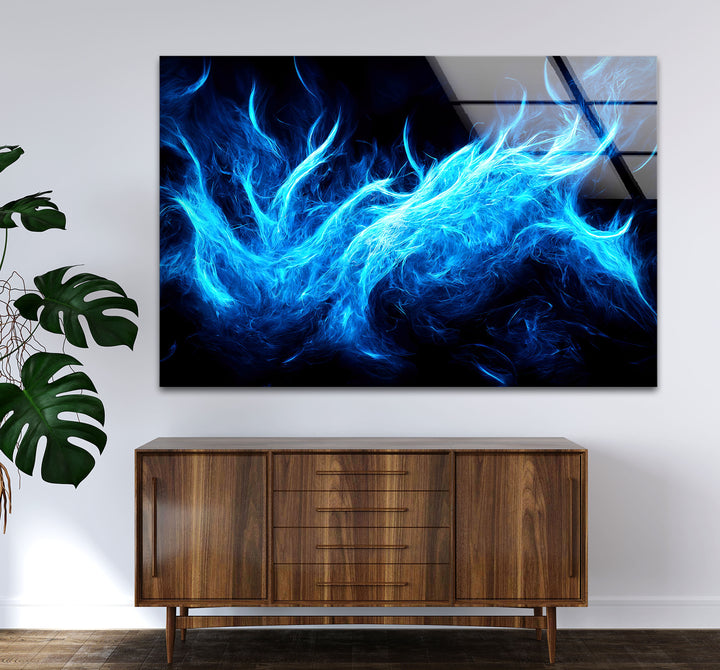 Blue Flame Abstract Glass Wall Art – Fiery Energy & Modern Decor