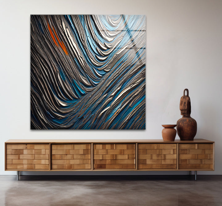 Textured Waves Abstract Glass Wall Art – Blue & Metallic Modern Decor