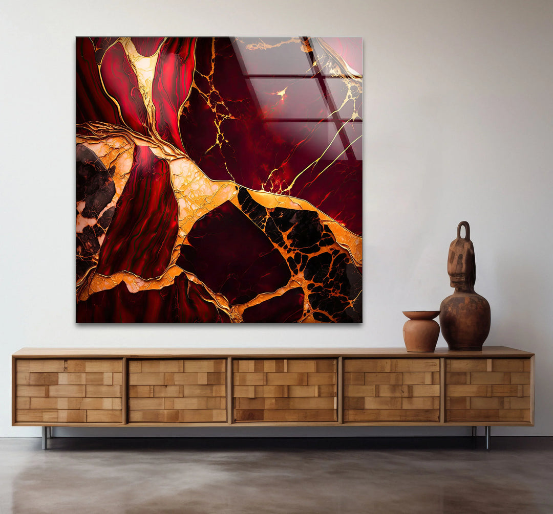 Red and Gold Marble Wall Art – Luxurious Crimson Glass Print with Cracked Vein Pattern for Bold Modern Interiors - MyPhotoStation