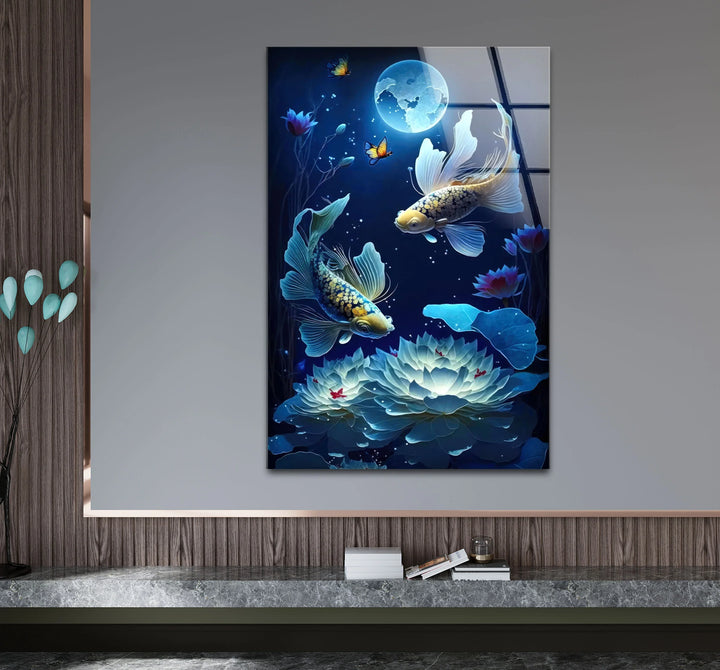Moonlit Koi Fish and Lotus Wall Art – Tranquil Blue Glass Panel for Zen Decor