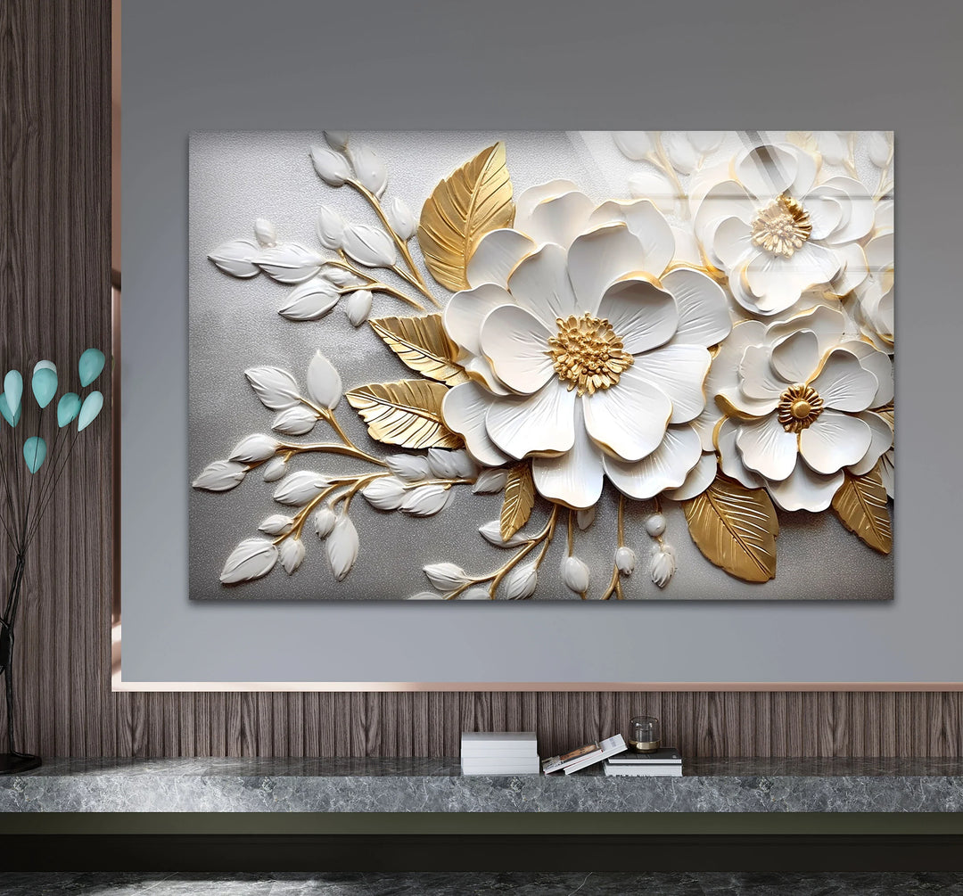 White Gold Floral Wall Art – 3D Textured Flower Print on Glass Panel - MyPhotoStation