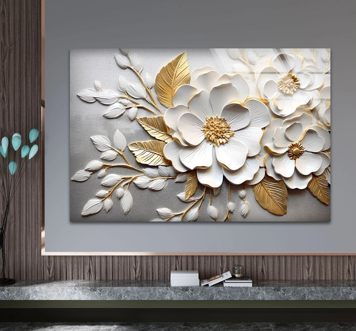 White Gold Floral Wall Art – 3D Textured Flower Print on Glass Panel - MyPhotoStation