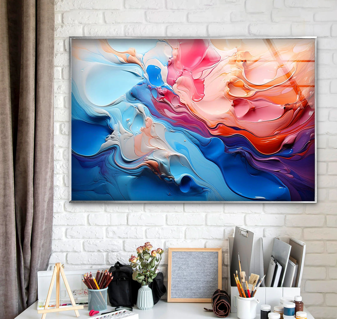 Color Flow Abstract Glass Wall Art – Vibrant Blue & Pink Modern Decor - MyPhotoStation