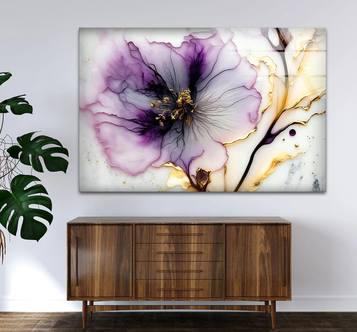 Purple and Gold Abstract Floral Wall Art – Luxury Glass Print for Elegant Interiors - MyPhotoStation